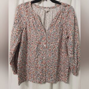 LOFT  Size L floral v-neckbutton front closure 3/4 cotton/rayon blouse